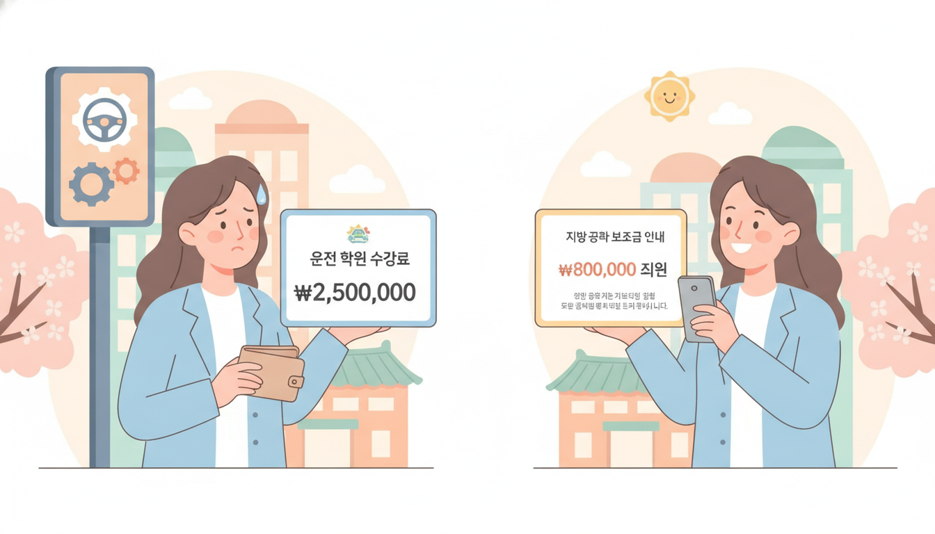 학원비 부담에 고민하던 청년이 지자체 면허 지원 공고를 확인하는 모습